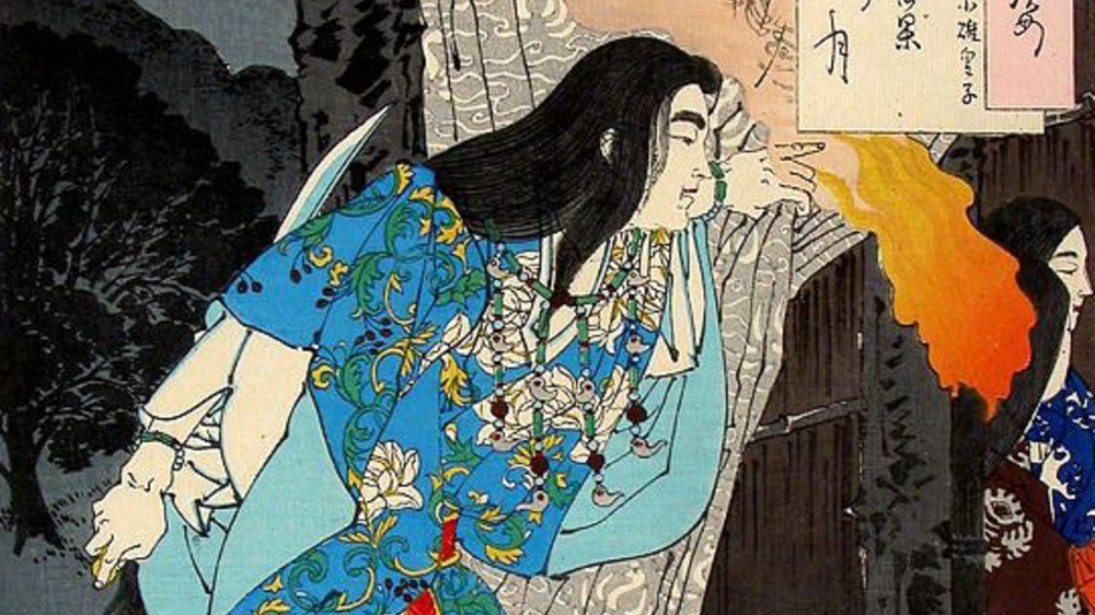 painting of ninja with knife in blue dress
