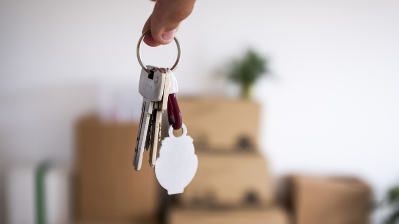 Fingers holding house keys with blurred boxes in the background