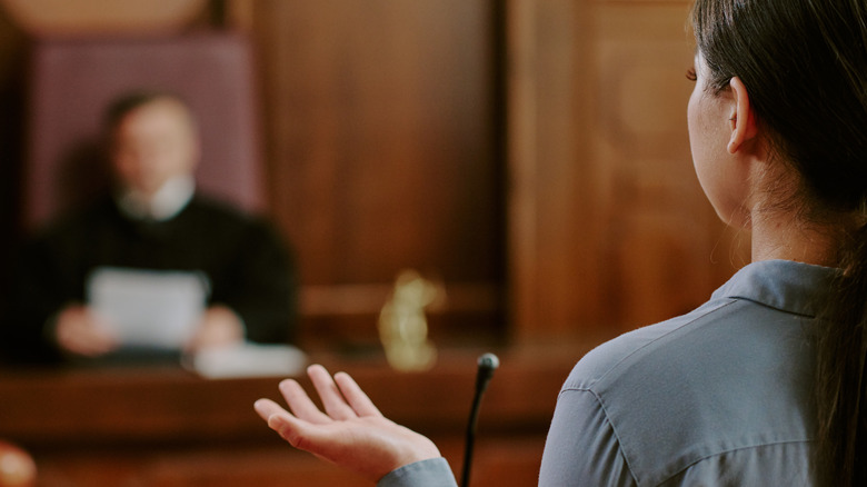 Back view of a female witness testifying before a judge