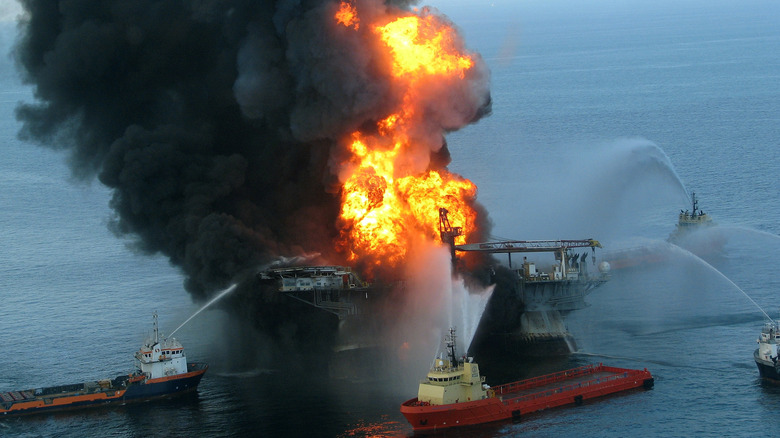 Fire boat response crews battle the fire on oil rig Deepwater Horizon