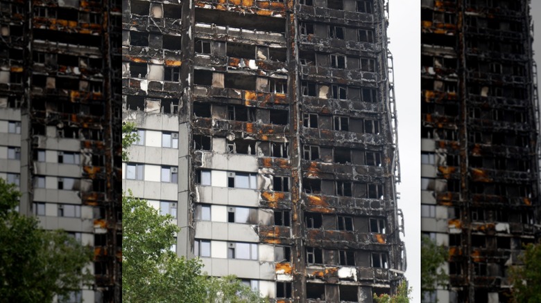 The partially burned Grenfell Tower and untouched cladding
