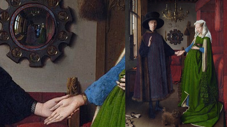Van Eyck's The Arnolfini Portrait and detail to show hands and gargoyle