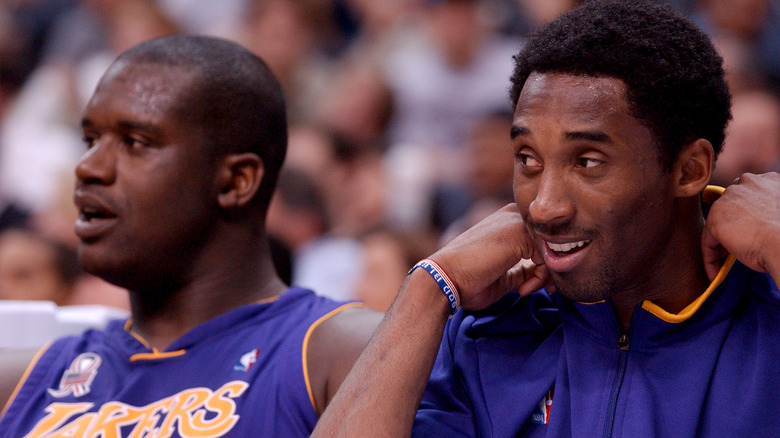 Shaquille O'Neal and Kobe Bryant on bench