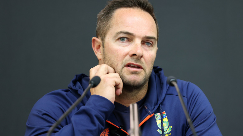 Mark Boucher speaking at a press conference in 2022