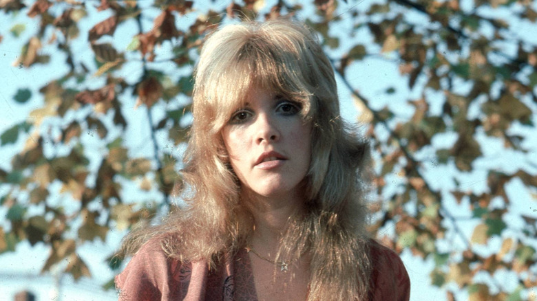 Stevie Nicks in front of leaves in 1970s publicity photo