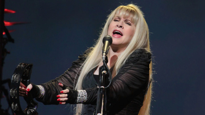 Stevie Nicks singing and playing tambourine