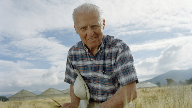 Norman Borlaug smiling in wheat field