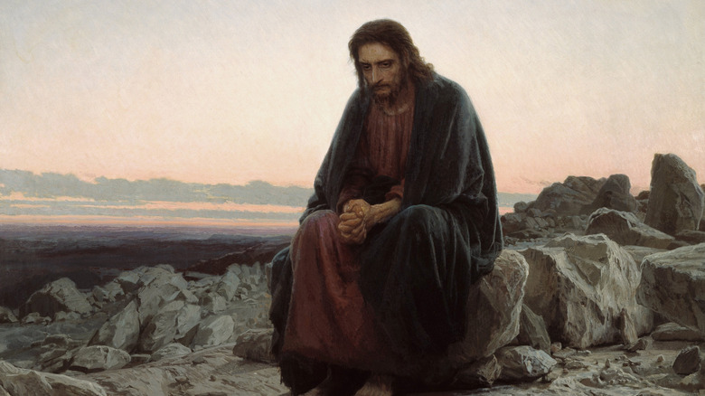 painting jesus sitting on rock
