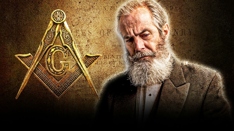 masonic symbols next to a bearded man