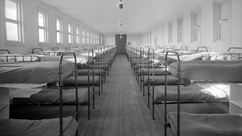 Row of empty bunk beds 