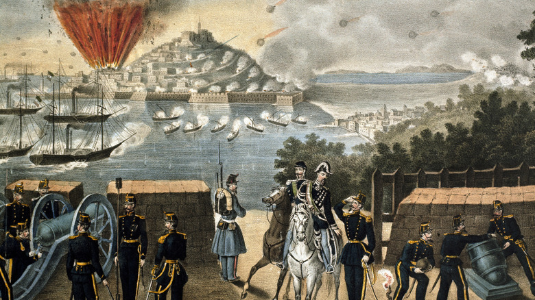 Painting island fort exploding troop ships