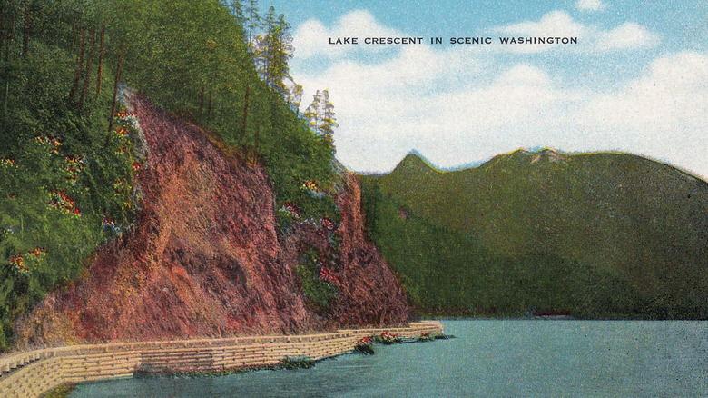 1942 postcard showing shore of Lake Crescent in Olympic National Park.