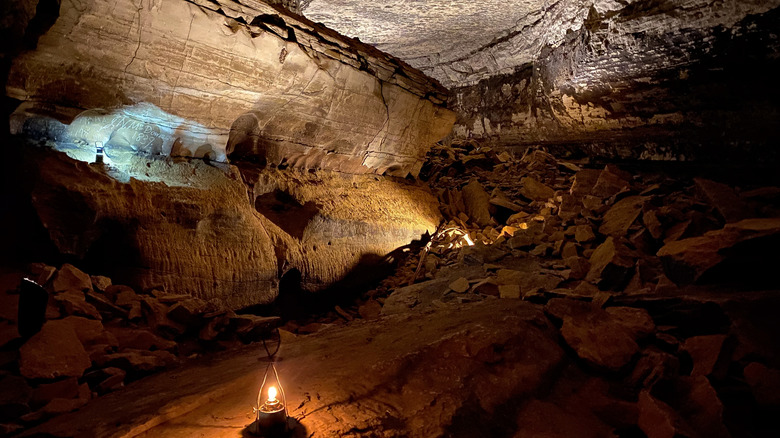 Giant's Coffin formation inside Mammoth Cave with old lanterns