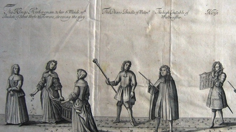 Herb strewing during the coronation procession of King James II