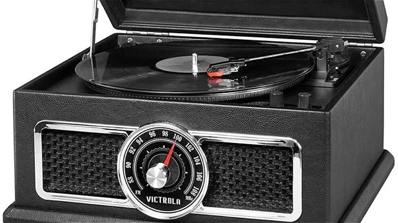 Victrola plaza record player with open lid
