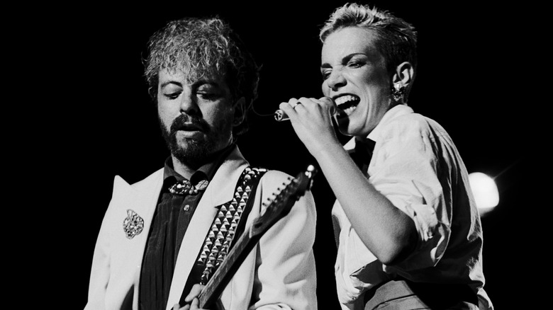 Annie Lennox and Dave Stewart as Eurythmics performing on stage
