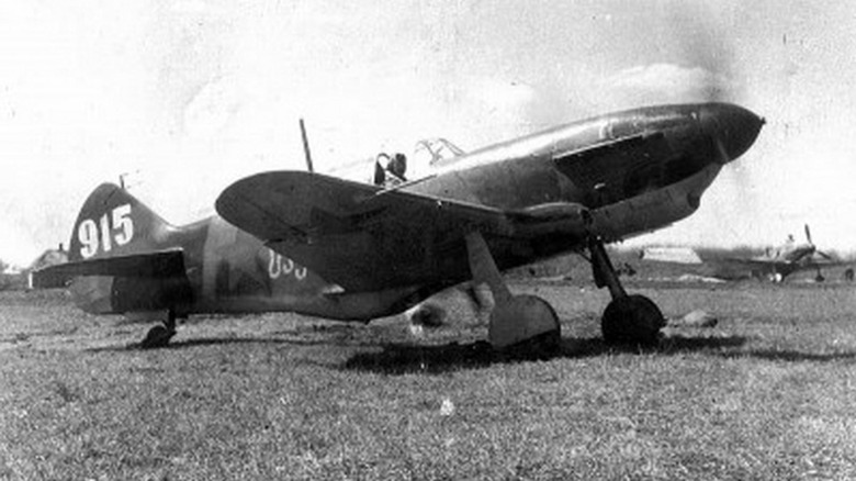 Grounded LaGG-3 with pilot inside and propeller spinning