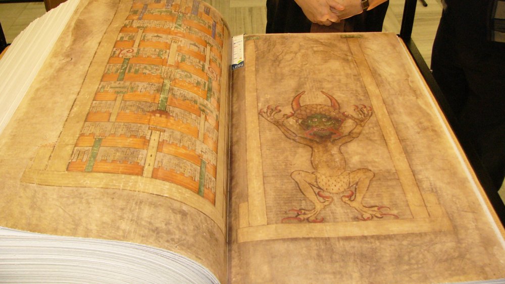 A replica of the Codex Gigas on display