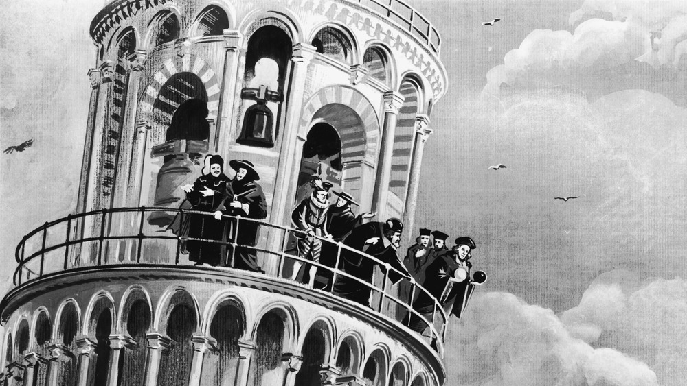 Galileo Galilei with people on the balcony of Leaning Tower of Pisa
