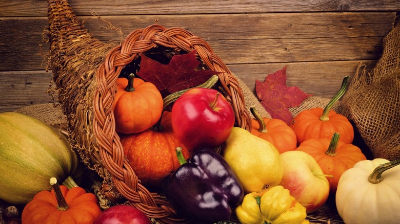 basket apples, pumpkins, vegetables
