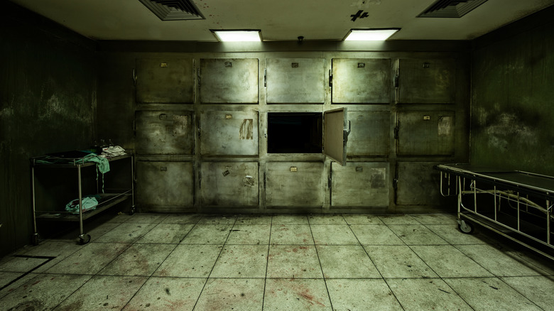 An creepy, dimly lit morgue 