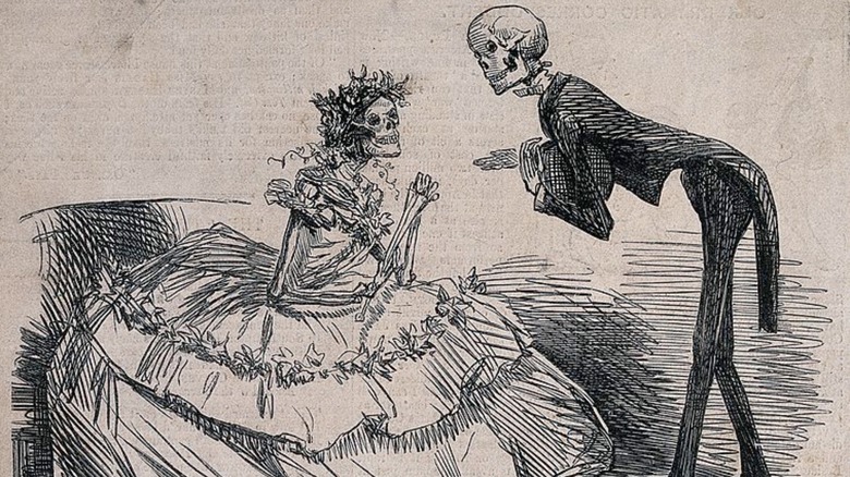 A skeleton gentleman at a ball asks a skeleton lady to dance