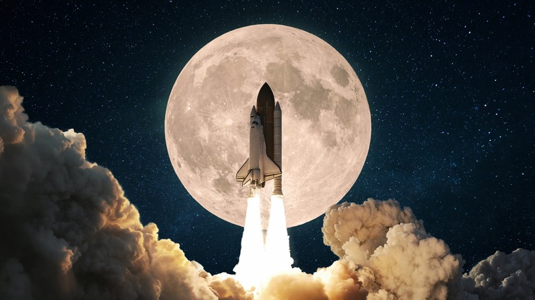 Space shuttle takeoff with moon