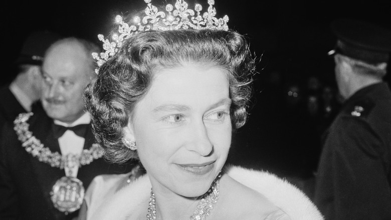 Elizabeth II smiling wearing tiara