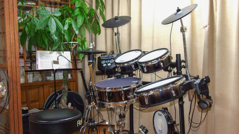 Roland electronic drum kit beside houseplant and music stand