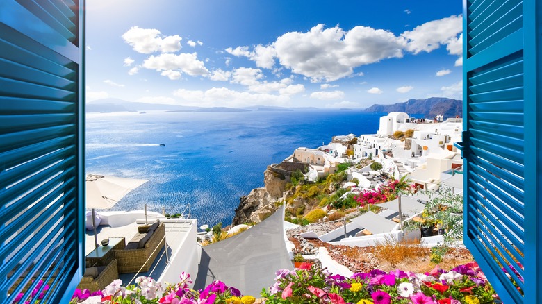 Santoini town window view blue sea