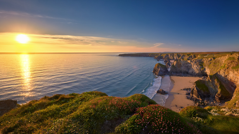 Coast of Cornwall low sun waves
