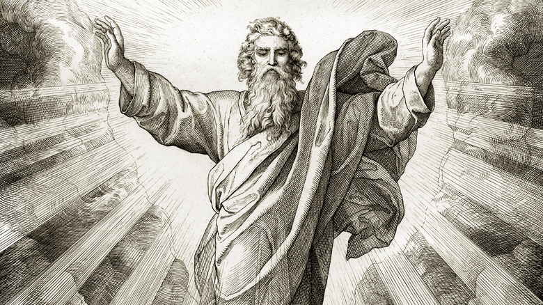 Black and white illustration of anthropomorphized God with long white beard.