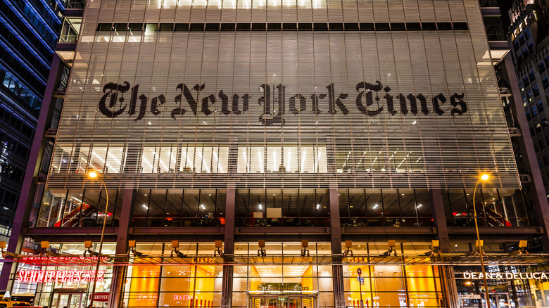 the new york times office building at night