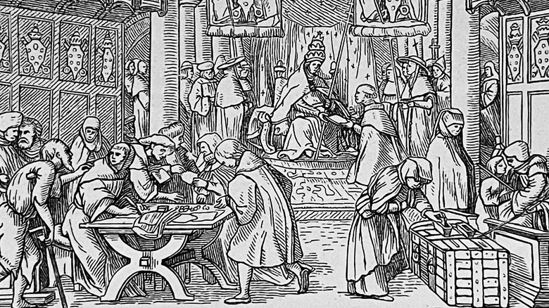 woodcut priest selling indulgences