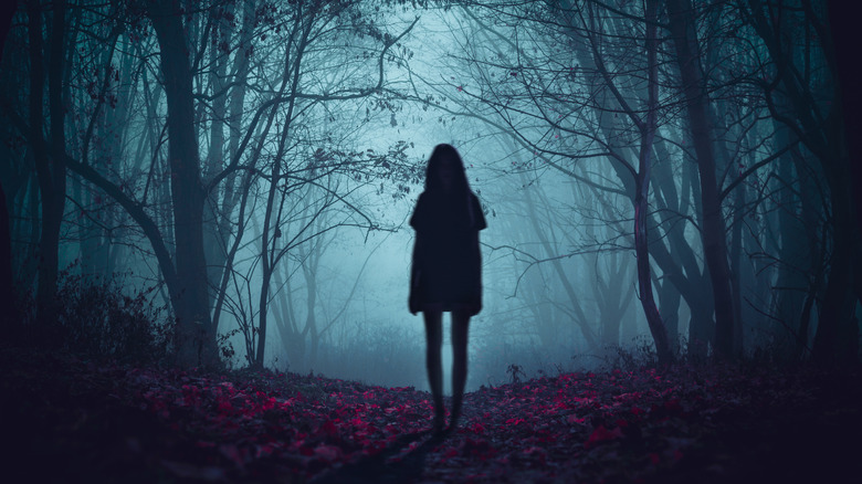 girl silhouetted in creepy woods