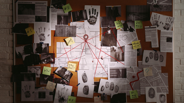 Corkboard murder investigation materials