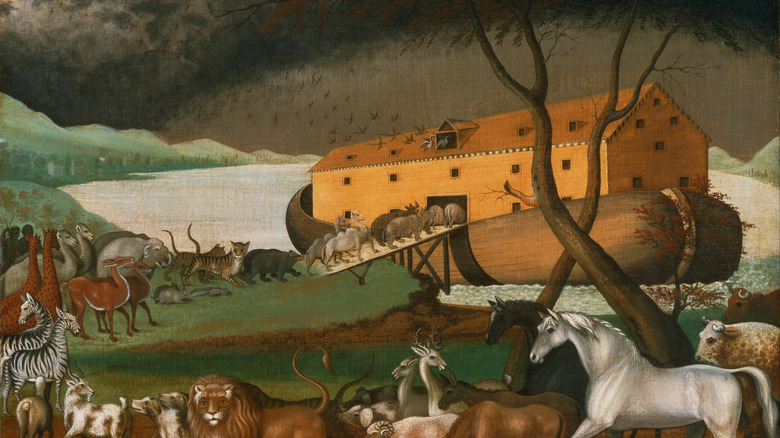 animals filing onto Noah's Ark