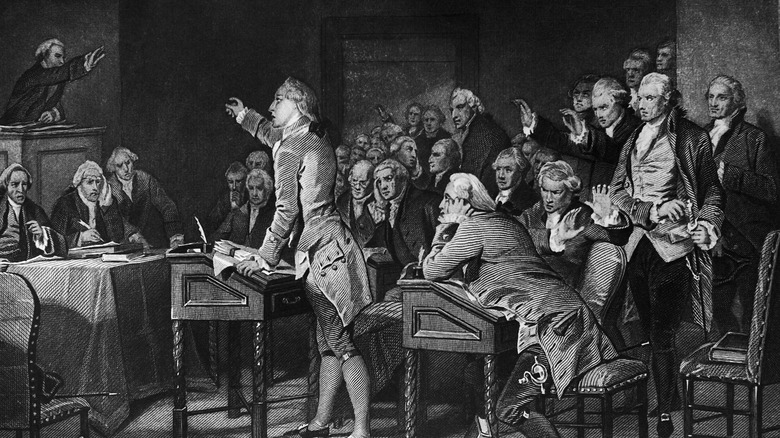 Patrick Henry delivering speech black and white