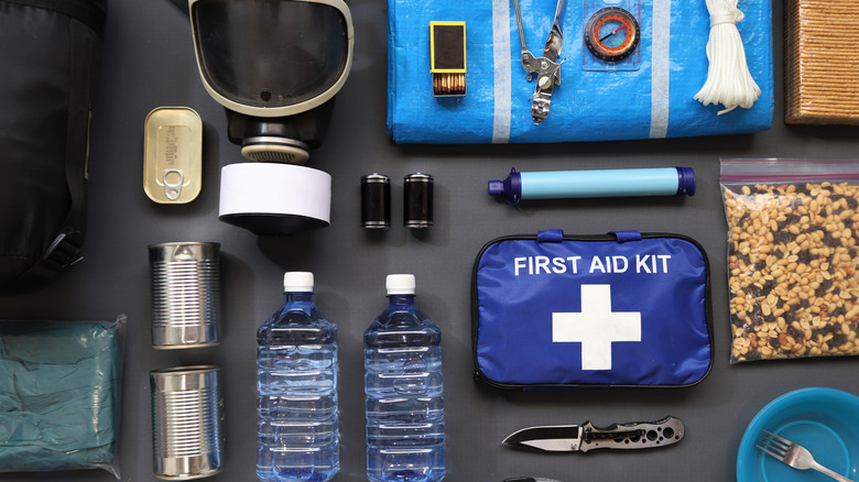 simple preparation kit with water, food, and medical supplies
