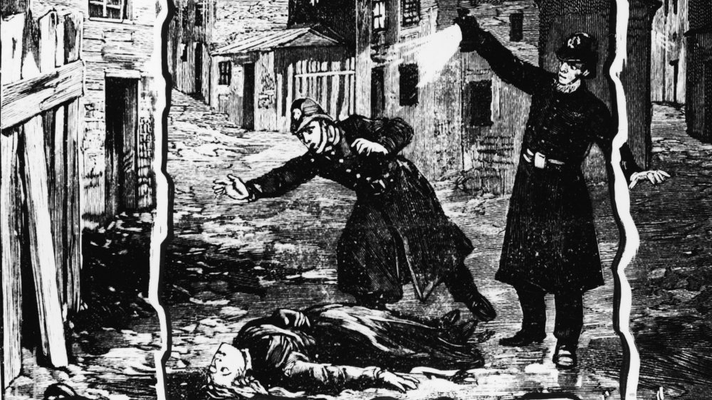 1888 illustration of police discovering the body of ripper victim Catherine Eddowes