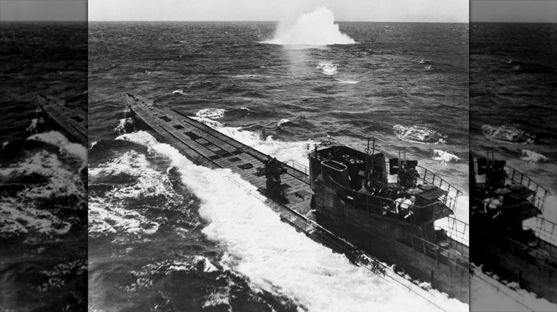 American ship in combat with surfacing German U-boat
