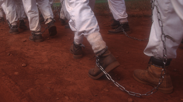Modern publicity shot of chain gang system in Alabama