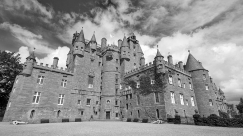 Glamis Castle shot from a low angle in black and white
