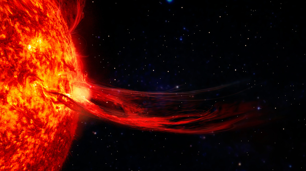 A depiction of a large solar flare ejecting from the Sun.