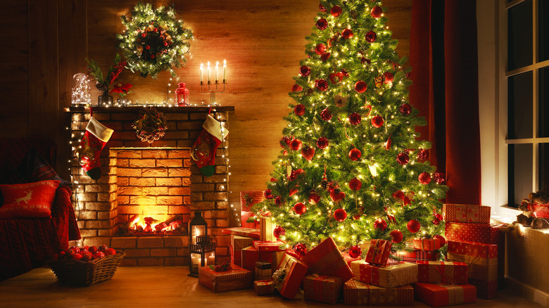 christmas tree and fireplace