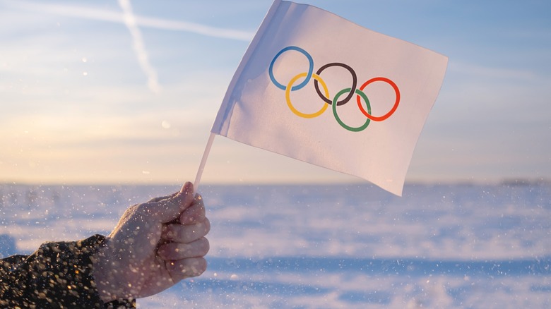 Hand waving small Olympic flag