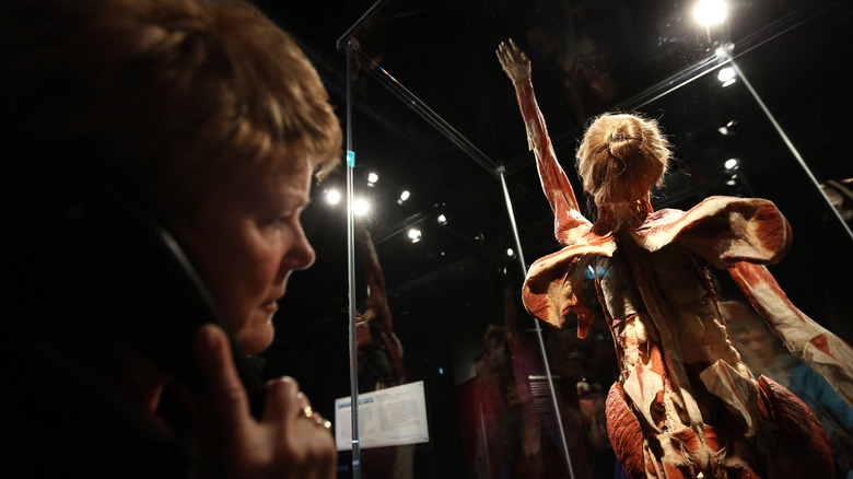 An exhibit visitor looks at plastinated remains