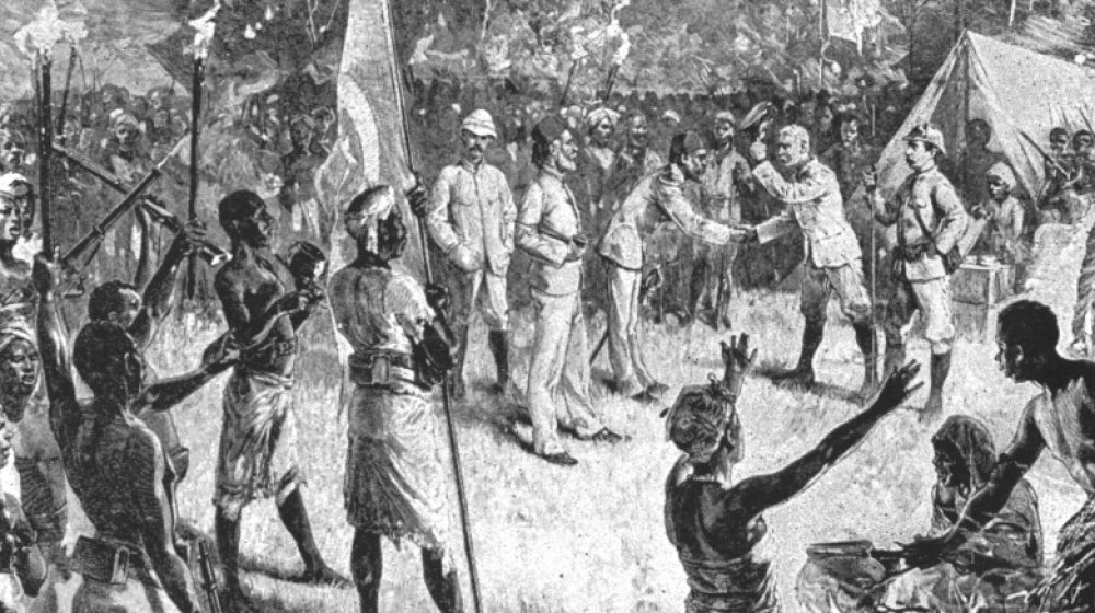 Period engraving of the meeting between Emin Pasha and Henry Morton Stanley