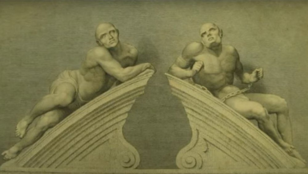 Twin statues "melancholy" and "raving" over the front doors to Bedlam