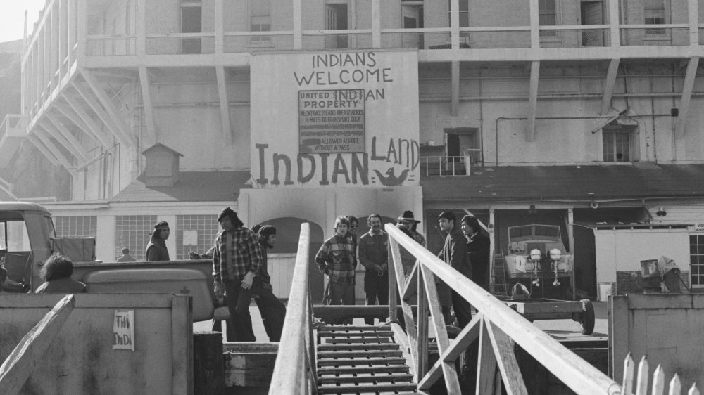 A sign reading 'Indians Welcome' to 'Indian Land' during the Occupation of Alcatraz protest on Alcatraz Island, San Francisco, December 1969.